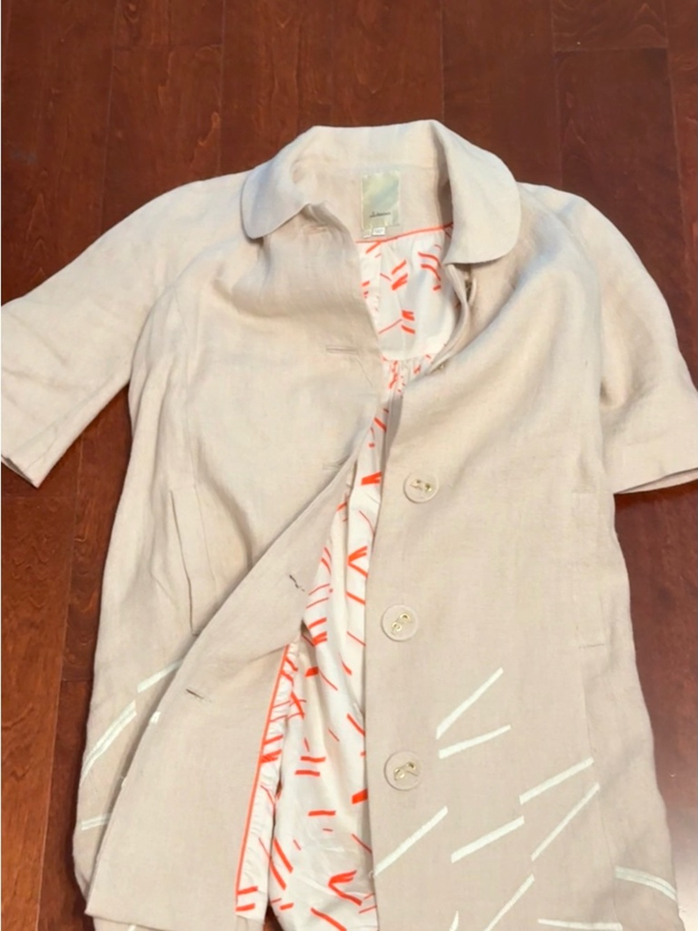 elevenses Beige Linen Short-Sleeve Jacket with Coral Print Lining